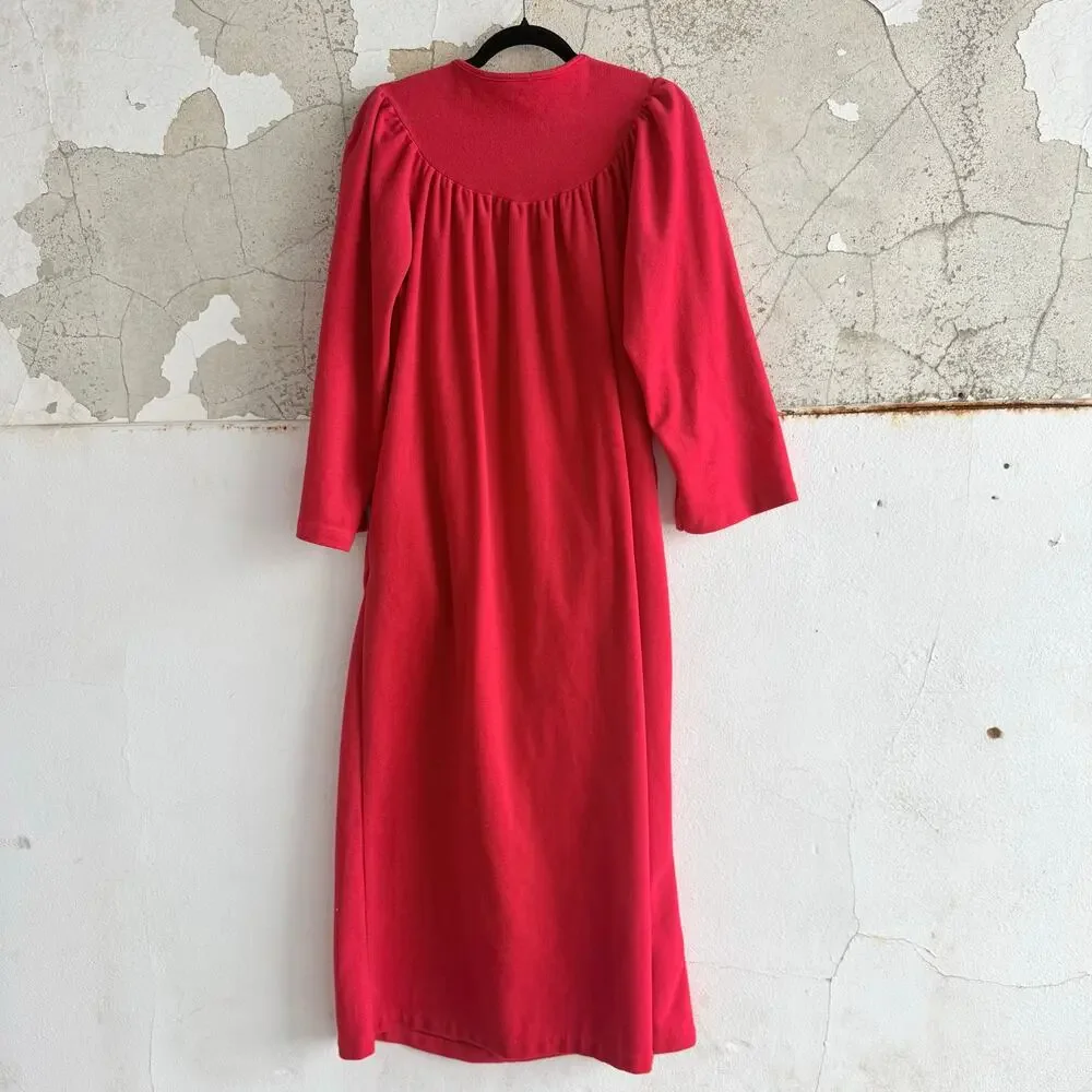 Vtg Housecoat Lace Embroidered Red Maxi Nightgown USA Women L Prairie Loungewear